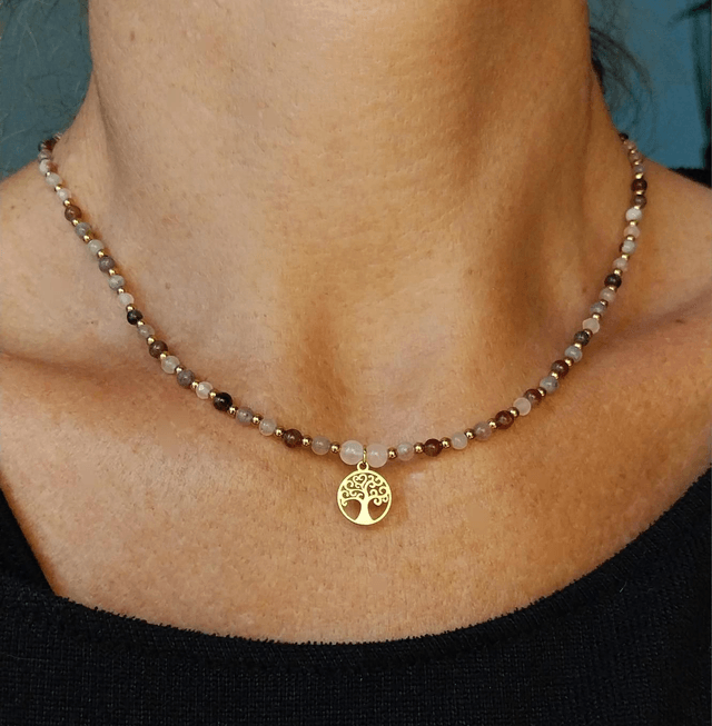 Collier "arbre de vie" en Tourmaline et Quartz rose facetté 