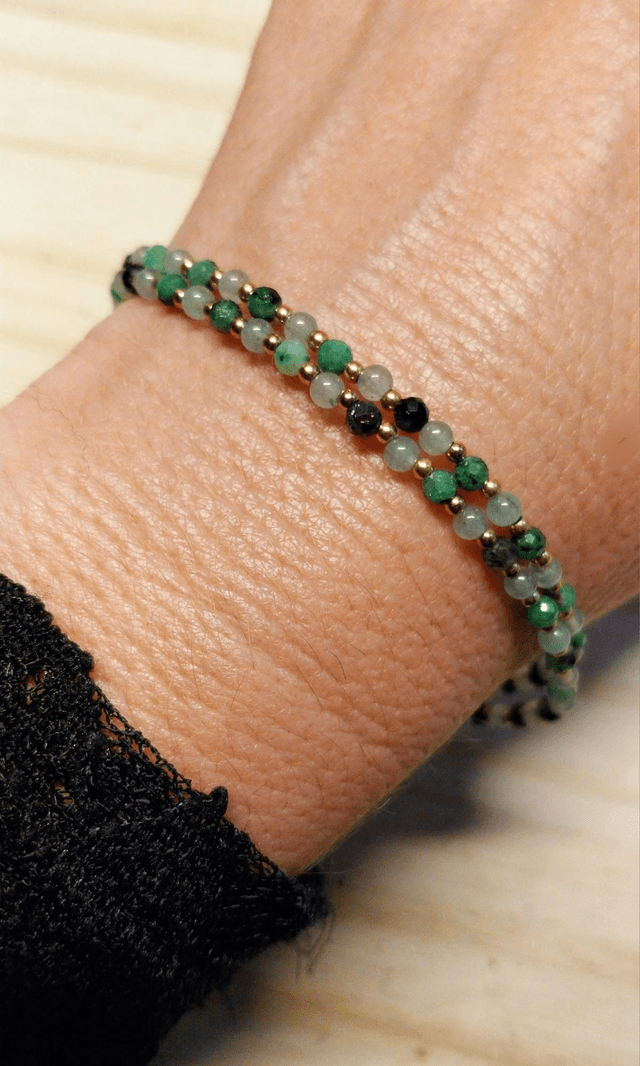 Bracelet en pierres de Lépidolite et d'Aventurine, acier inoxydable plaqué or