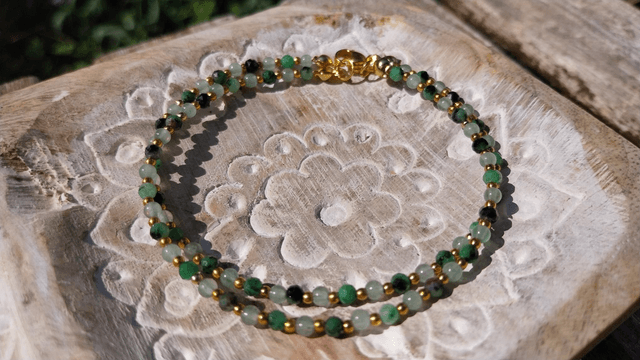 Bracelet en pierres de Lépidolite et d'Aventurine, acier inoxydable plaqué or