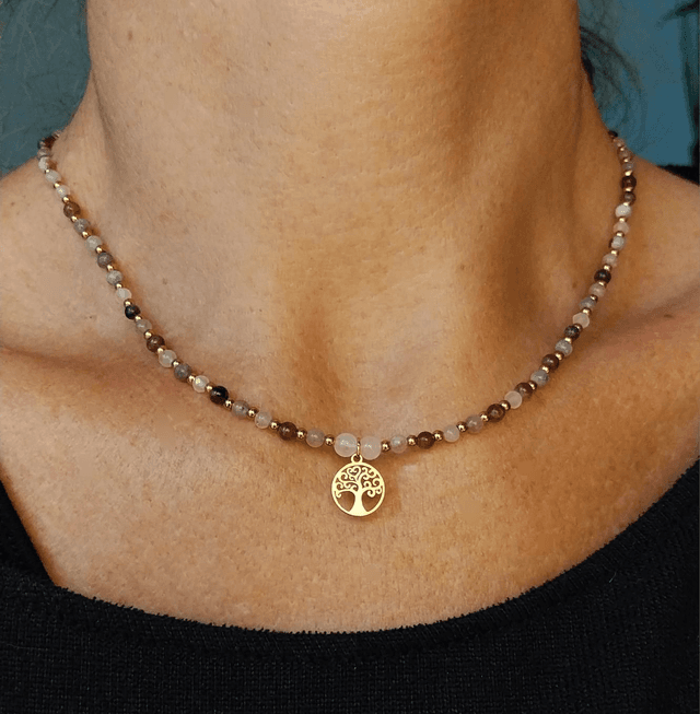 Collier &quot;arbre de vie&quot; en Tourmaline et Quartz rose facetté 